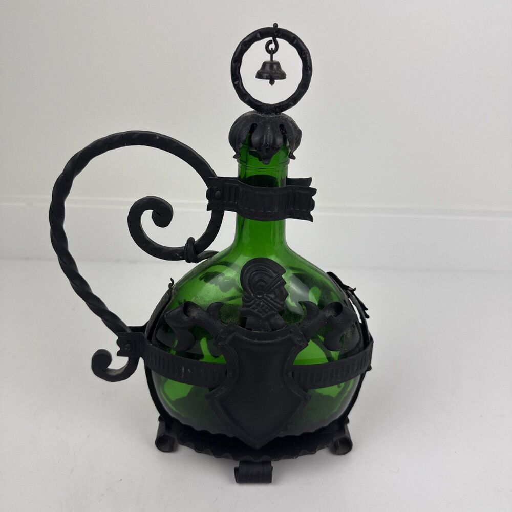 Vintage Metal Encased Wine Bottle w/ Iron Handle Green Glass Ornate With Cork